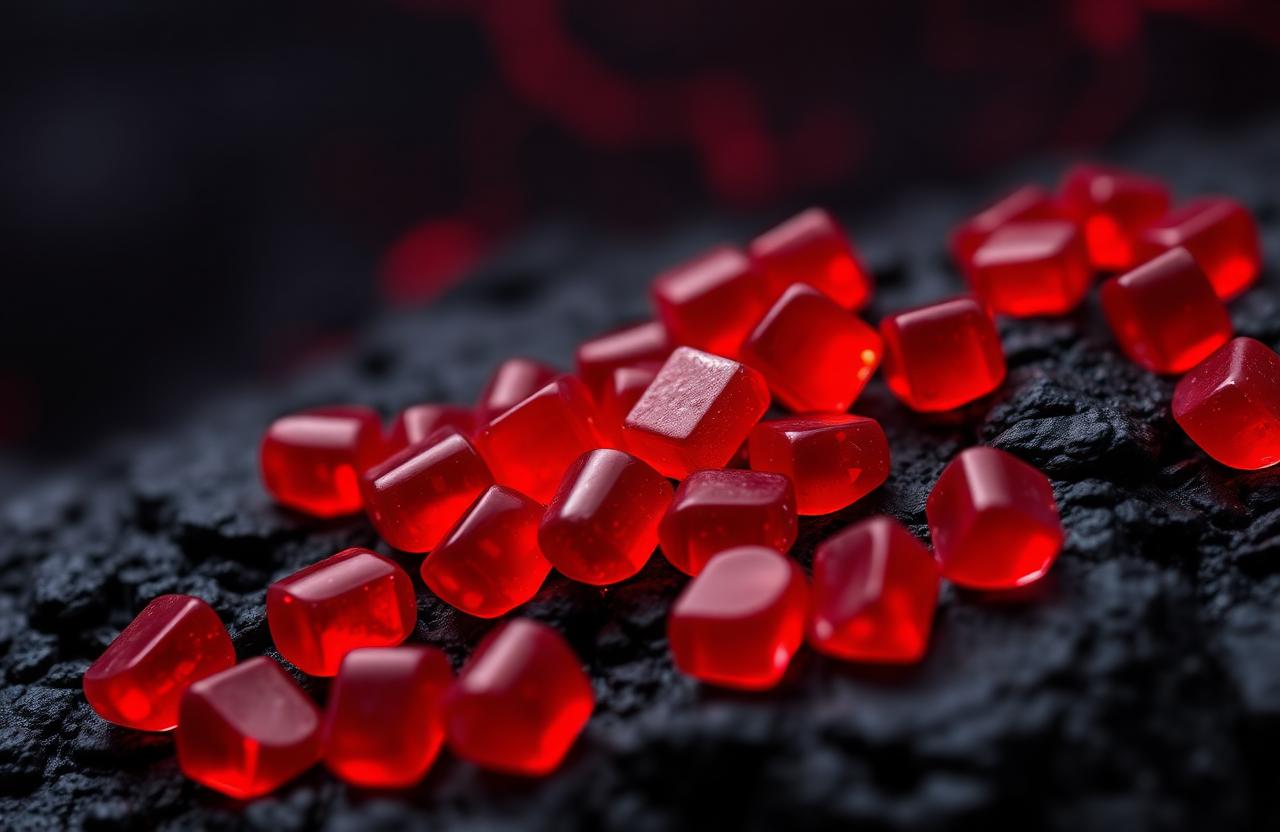Red Ragnaroak gummies on black volcanic stone